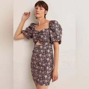 Boden Floral 100% Cotton Cut Out Detail Puff Sleeve Mini Dress Size 10R